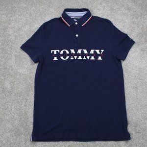 Tommy Hilfiger Polo Shirt Men's Medium Blue Custom Fit Spell Out S/S Pullover